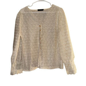 Lace Cottage Peasant Women's Ivory Button-Up Blouse Size M Long Sleeve